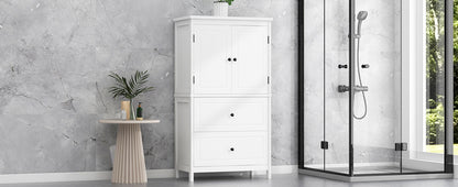 White MDF Bathroom Storage Cabinet with Adjustable Shelves, Two Doors, and Drawers
