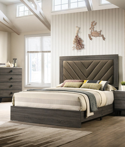 Elegant Gray Upholstered Queen Bed Frame with Rubberwood Construction and Stylish Headboard