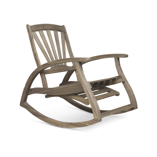 Outdoor Reclining Rocking Chair With Wood Frame For Patio, 24.75L x 41.75W x 38H, Weatherproof Grey