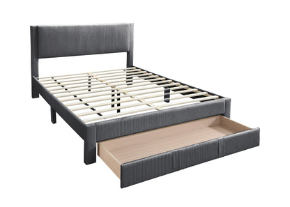 Modern Charcoal Corduroy Upholstered Queen Size Platform Bed with Storage Drawer