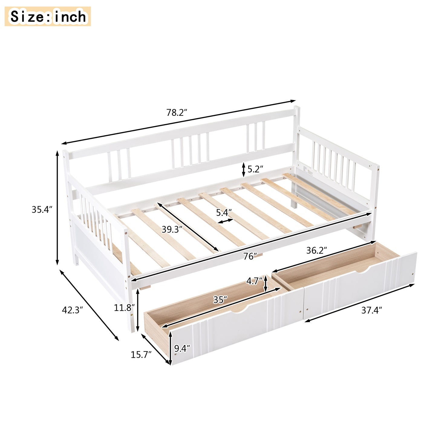 White Twin Size Wood Daybed with Dual Storage Drawers