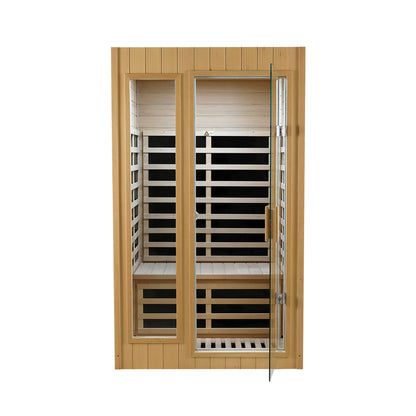 Two-Person Far Infrared Indoor Sauna Room with 1500W, 5 Heating Panels, LCD, Bluetooth Natural Wood