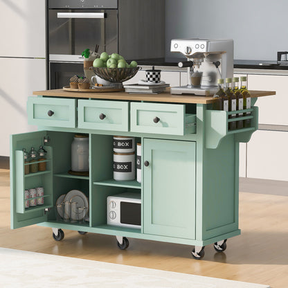 Mint Green Kitchen Island Cart with Drop-Leaf Rubberwood Top, Storage Cabinet, and 3 Drawers on Wheels