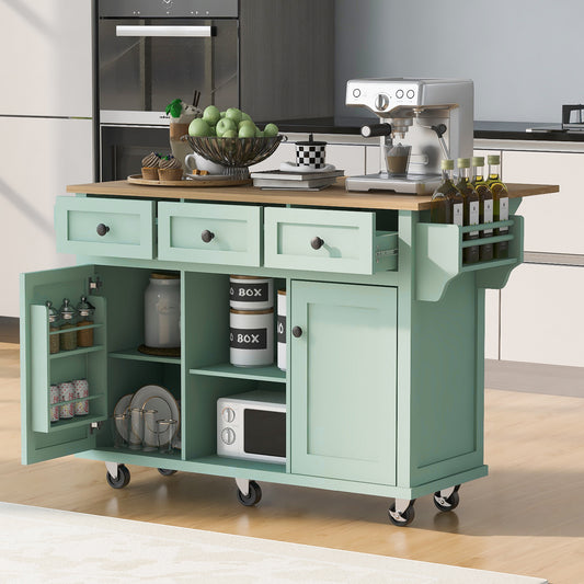 Mint Green Kitchen Island Cart with Drop-Leaf Rubberwood Top, Storage Cabinet, and 3 Drawers on Wheels