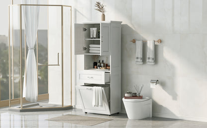 White Tall Storage Cabinet with Tilt-Out Laundry Hamper and Upper Shelves