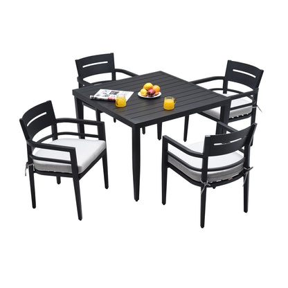 5-Piece Outdoor Aluminum Dining Set, 4 Cushioned Chairs, 40-Inch Square Table, Umbrella Hole, Ember Black