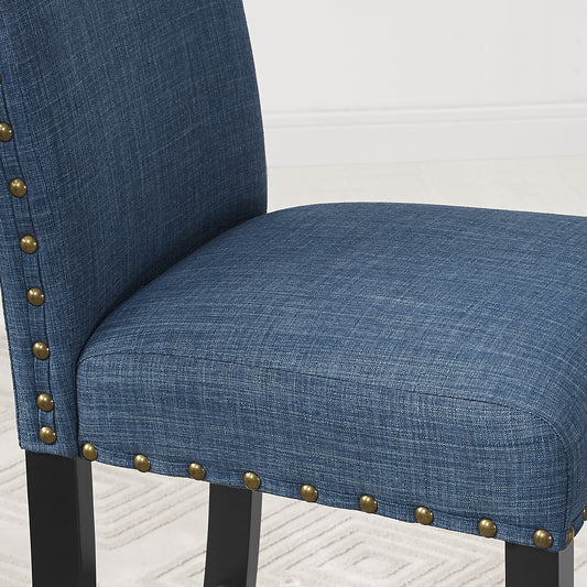 Set of 2 Fabric Dining Chairs with Nailhead Trim, Linen-Cotton Upholstery, Espresso Finish, 200 lb, Blue