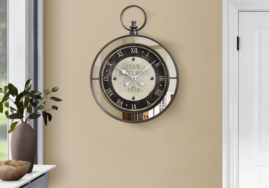 18-Inch Round Wall Clock with Mirror Frame, Tempered Glass, Quartz Movement, Roman Numerals, Brown