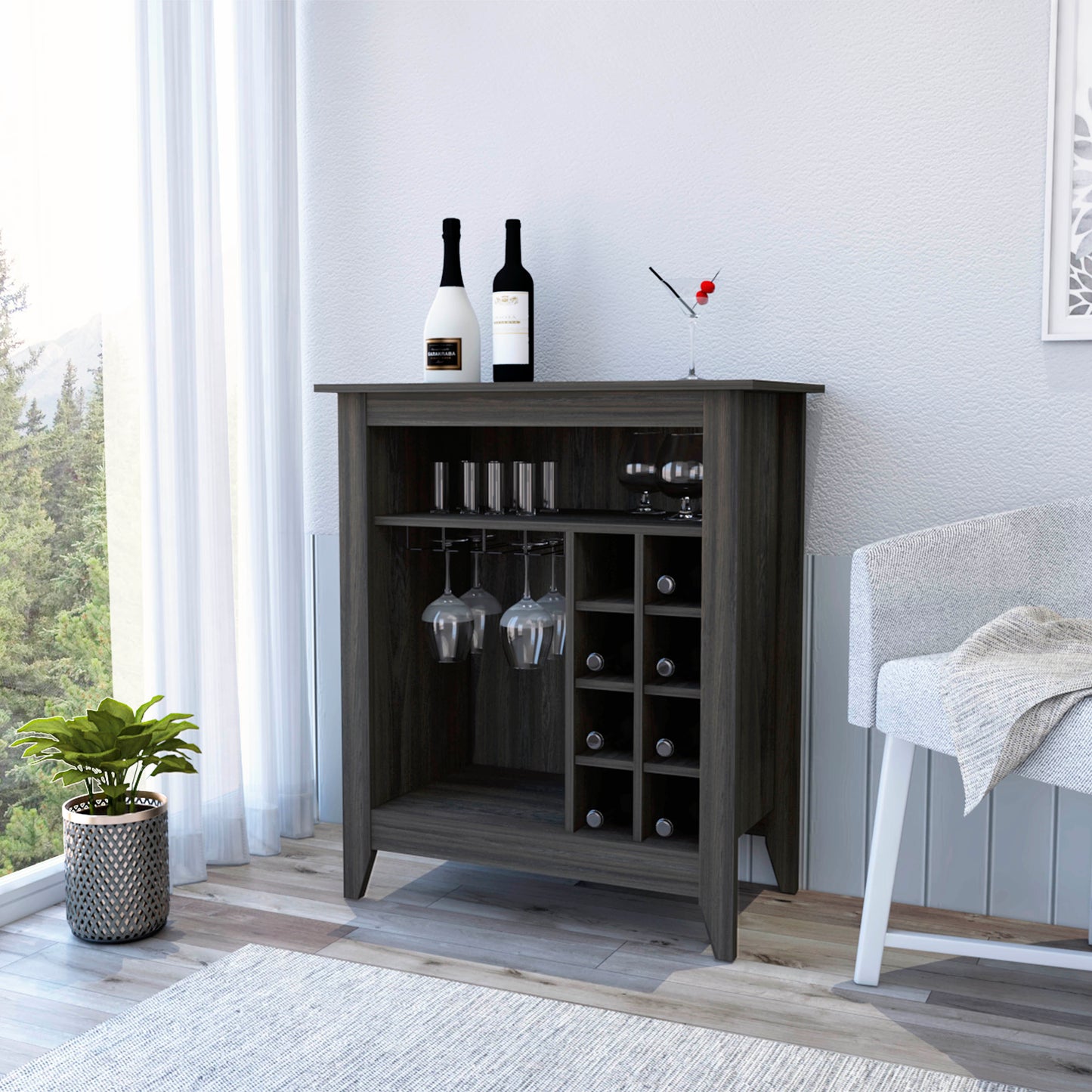 Elegant Espresso Bar Cabinet With Shelf And Wine Cubbies