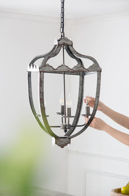 Four-Light Iron Chandelier with Adjustable Chain for Kitchen or Dining — 15.7in Square, Gray Rustic Finish