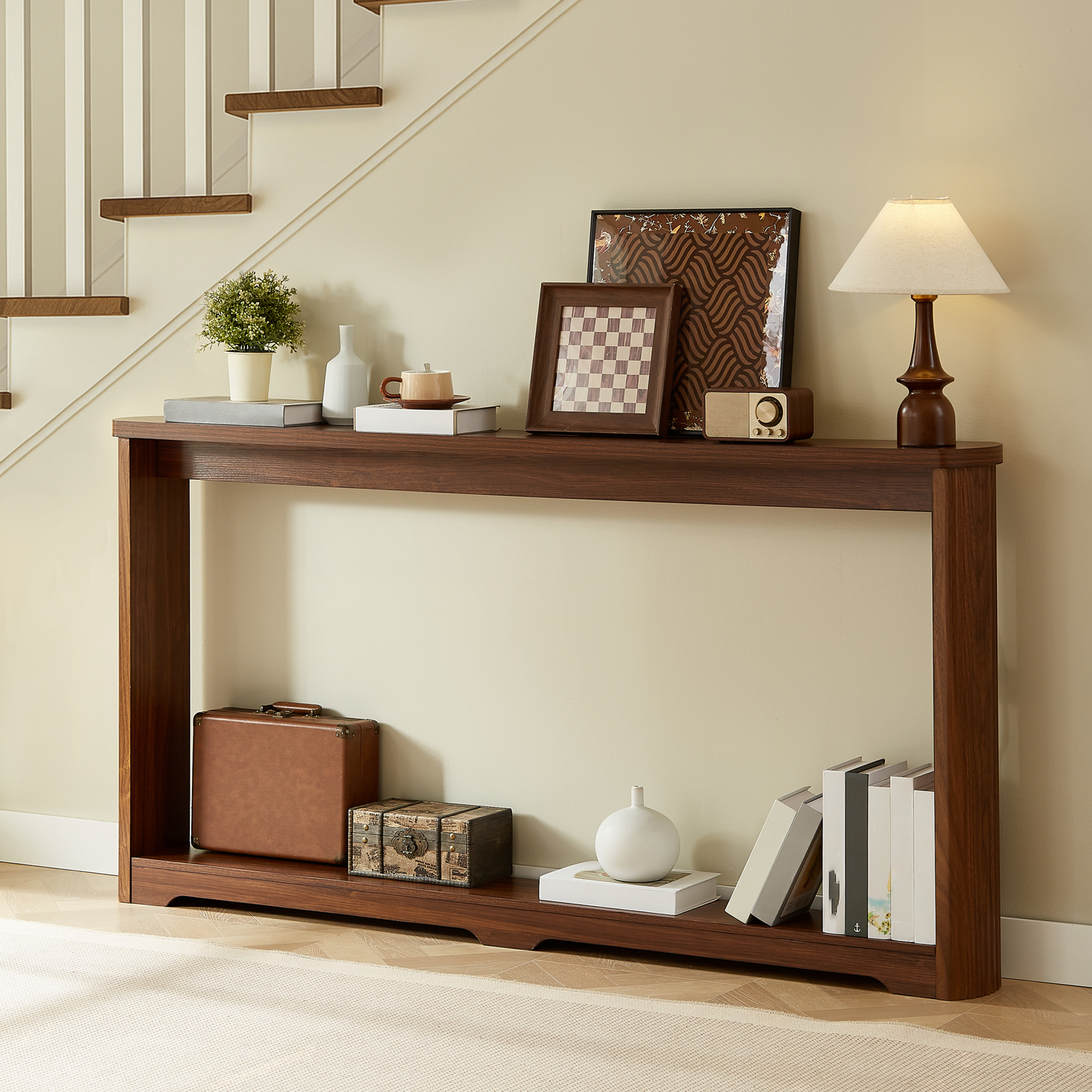 70.1-Inch Narrow Console Table with Storage, Modern Wave Arc Design, MDF Hallway/Entry Sofa Table, Walnut