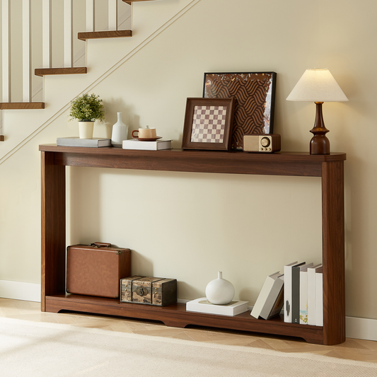 70.1-Inch Narrow Console Table with Storage, Modern Wave Arc Design, MDF Hallway/Entry Sofa Table, Walnut