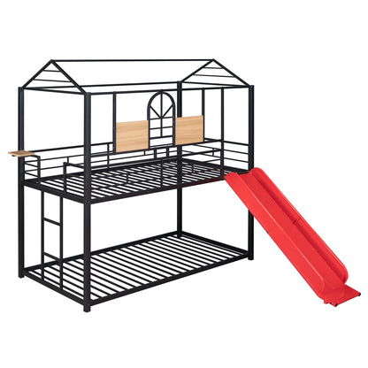 Twin Over Twin Metal Bunk Bed with Fun Slide – Available in Three Chic Colors (Black/Red, Black/Black, White/White)