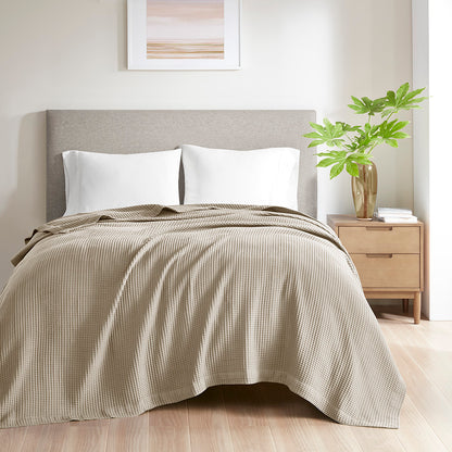 King Size 100% Cotton Waffle Weave Blanket, Lightweight 300GSM, Machine Washable, OEKO-TEX Bedroom Khaki