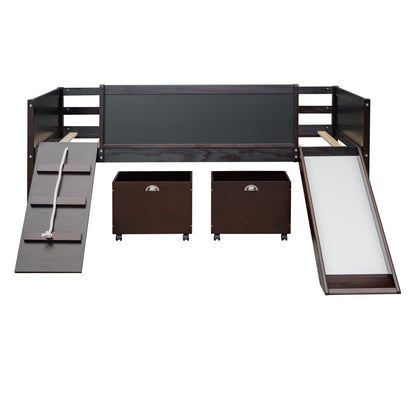 Espresso Twin Loft Bed with Slide and Storage Bins