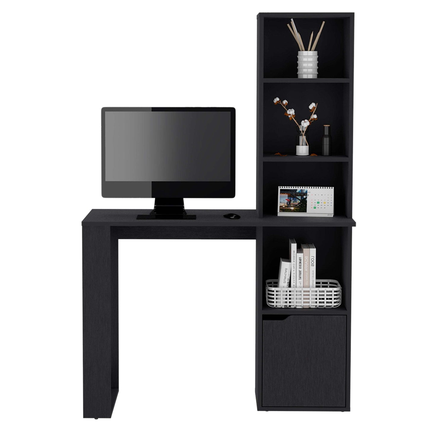 Black Writing Desk with Integrated Bookcase and Storage Cabinet
