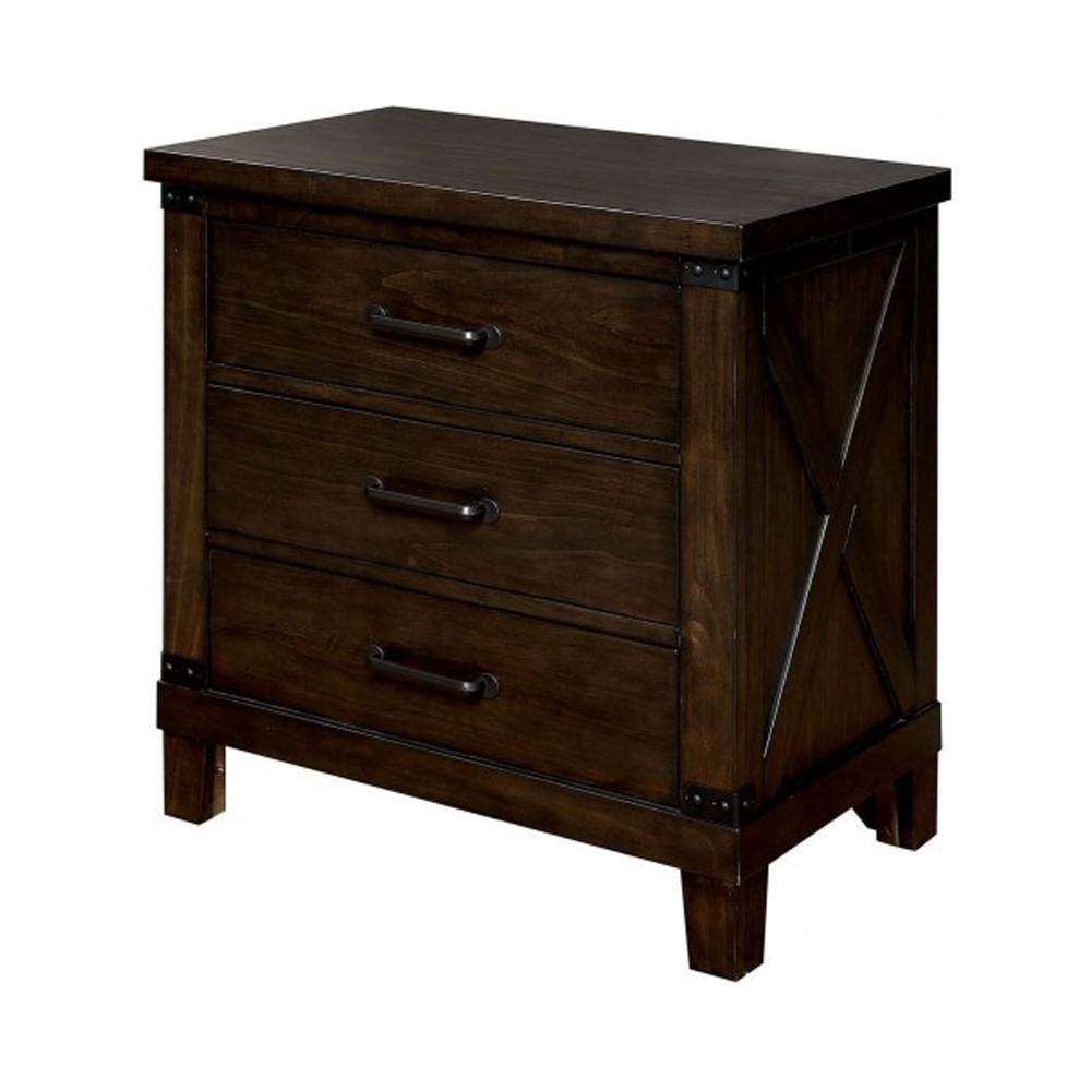 Rustic Dark Walnut Nightstand with 3 Drawers and Black Bar Pulls - Solid Wood Bedroom Furniture