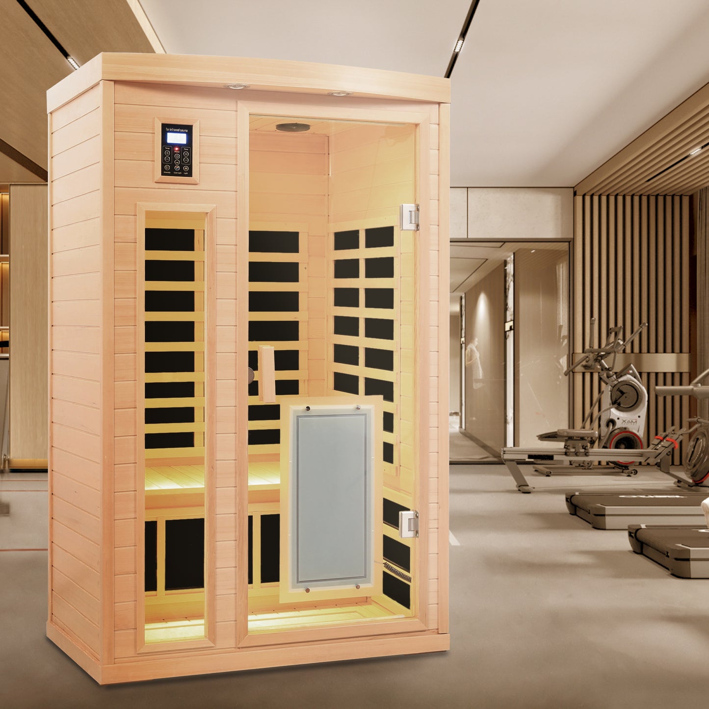 Two-Person Hemlock Far-Infrared Sauna with FrontDoor Heating Panel, Low EMF, LCD, Bluetooth, Natural