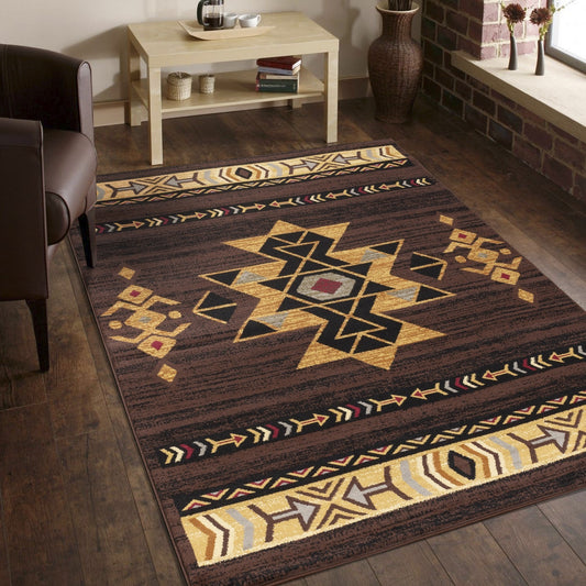 Southwest Area Rug, 7'3 x 5'3, Polypropylene, Low-Pile, Stain-Resistant, High-Traffic, Kid & Pet, Brown