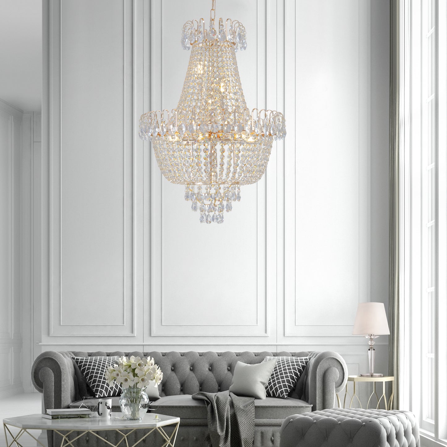 Large Crystal Chandelier Ceiling Light, 10-Light 21.7in, Iron + K9 Crystal, Living Room Hallway Gold