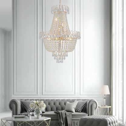 Large Crystal Chandelier Ceiling Light, 10-Light 21.7in, Iron + K9 Crystal, Living Room Hallway Gold