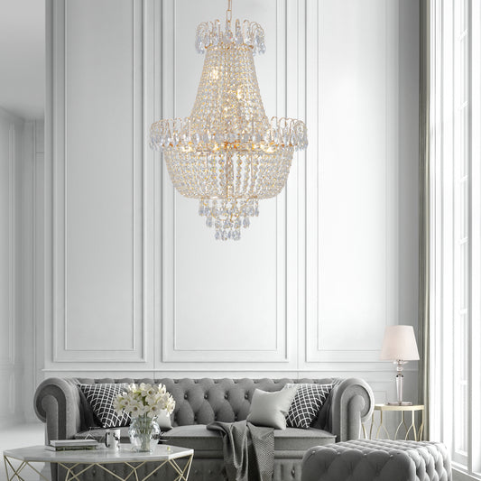 Large Crystal Chandelier Ceiling Light, 10-Light 21.7in, Iron + K9 Crystal, Living Room Hallway Gold