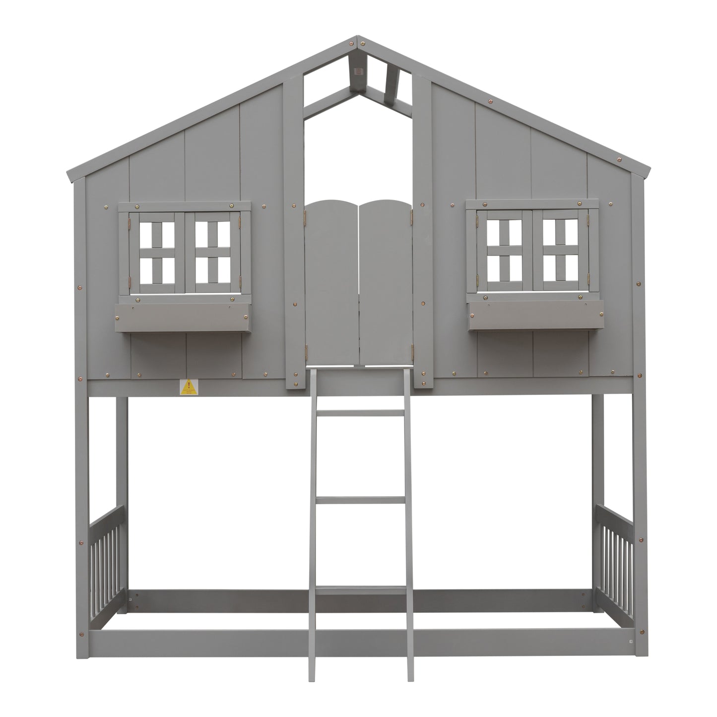 Twin House Bunk Bed for Kids with Roof and Windows - Twin Over Twin Design in Grey