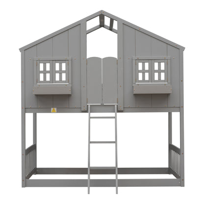 Twin House Bunk Bed for Kids with Roof and Windows - Twin Over Twin Design in Grey