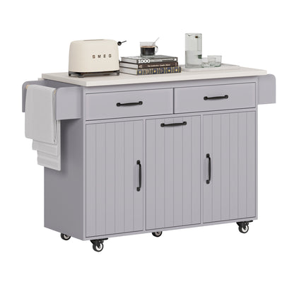 Grey Rolling Kitchen Island with Drop Leaf and Trash Can Storage, Spice Rack, Towel Rack, and Adjustable Shelves