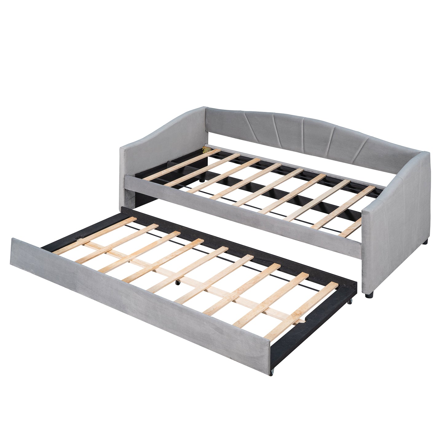 Elegant Gray Upholstered Twin Daybed Sofa with Trundle and Wooden Slats