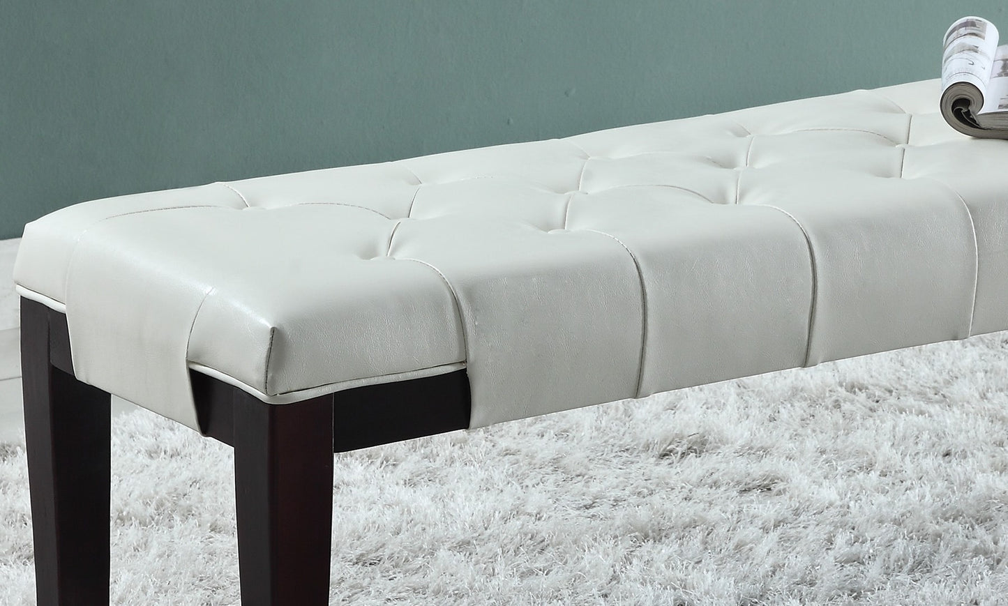 44-Inch Tufted Bench with Faux Leather, Button-Tufted, Solid Hardwood Legs, Espresso Finish, White