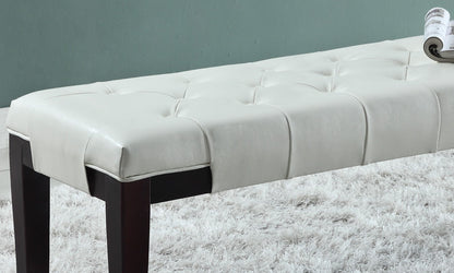 44-Inch Tufted Bench with Faux Leather, Button-Tufted, Solid Hardwood Legs, Espresso Finish, White