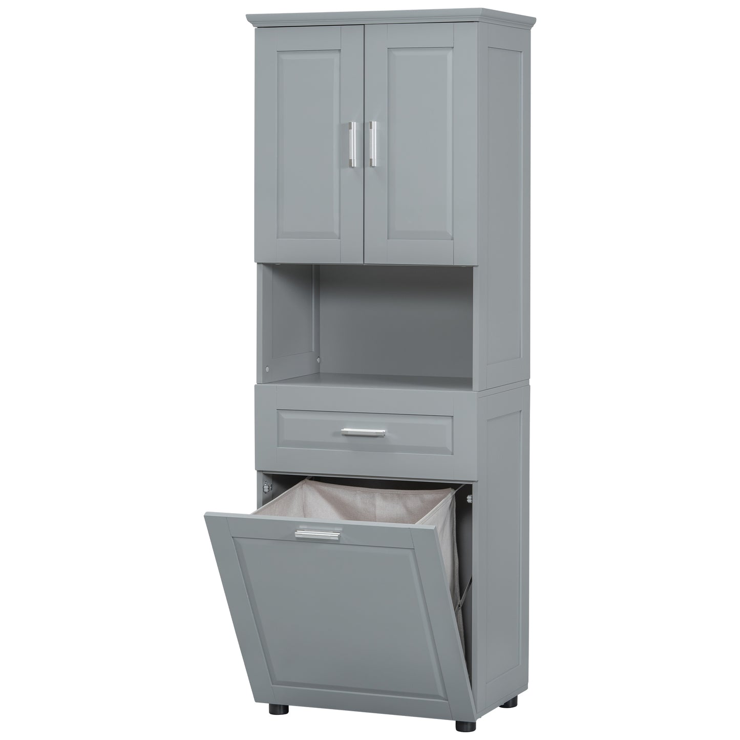 Tall Grey Storage Cabinet with Removable Laundry Hamper, Multi-Functional Upper Shelves and Cabinet Doors