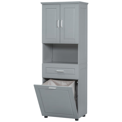 Tall Grey Storage Cabinet with Removable Laundry Hamper, Multi-Functional Upper Shelves and Cabinet Doors