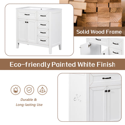 36-Inch White Freestanding Bathroom Vanity with Ceramic Sink and Storage Drawers