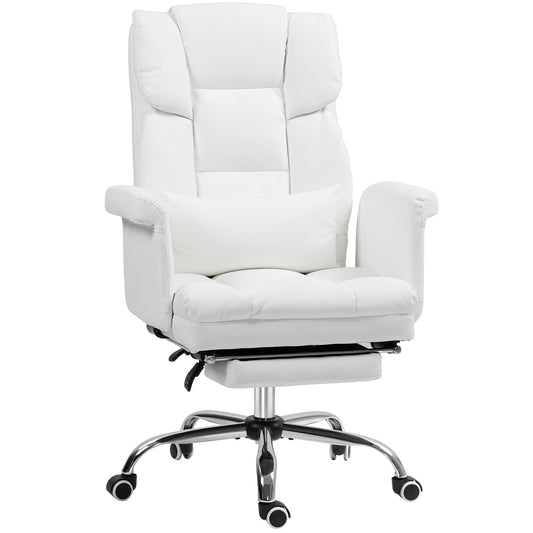 Luxurious White PU Leather Ergonomic Office Chair with Reclining Function, Footrest, and Lumbar Support