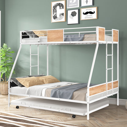 Sturdy Metal Twin Over Full Bunk Bed with Trundle and Safety Guardrails - Space-Saving Design with Noise Reduction and Wooden Accents