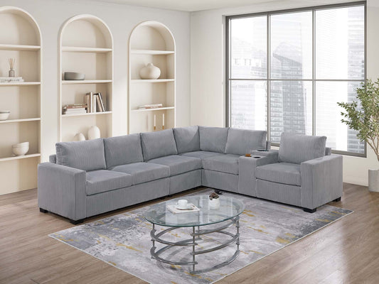 L-Shaped Corduroy 6-Piece Sectional Sofa Set with Console, 2-Arm Loveseats, Wedge Living Room Light Gray