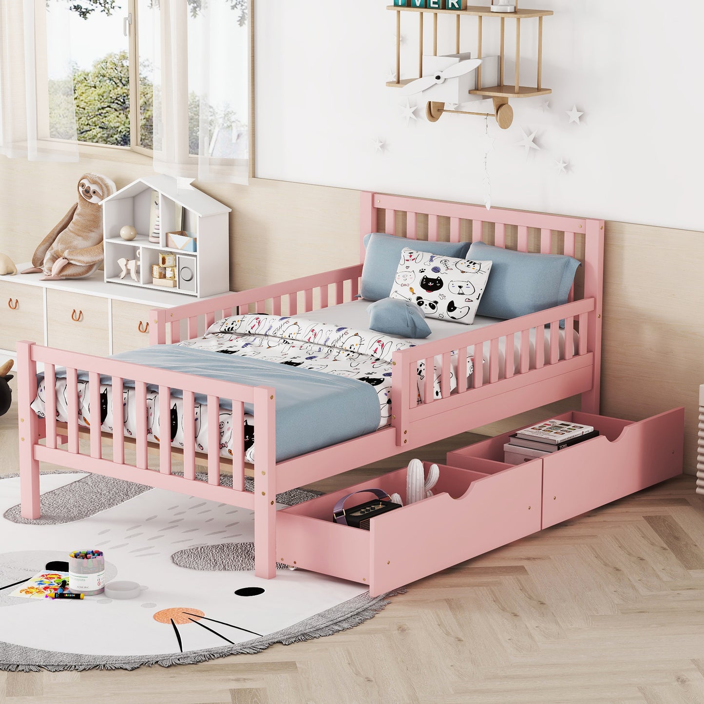 Twin Size Pink Wooden Platform Bed with Safety Guardrails and Dual Storage Drawers