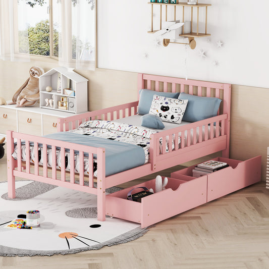 Twin Size Pink Wooden Platform Bed with Safety Guardrails and Dual Storage Drawers