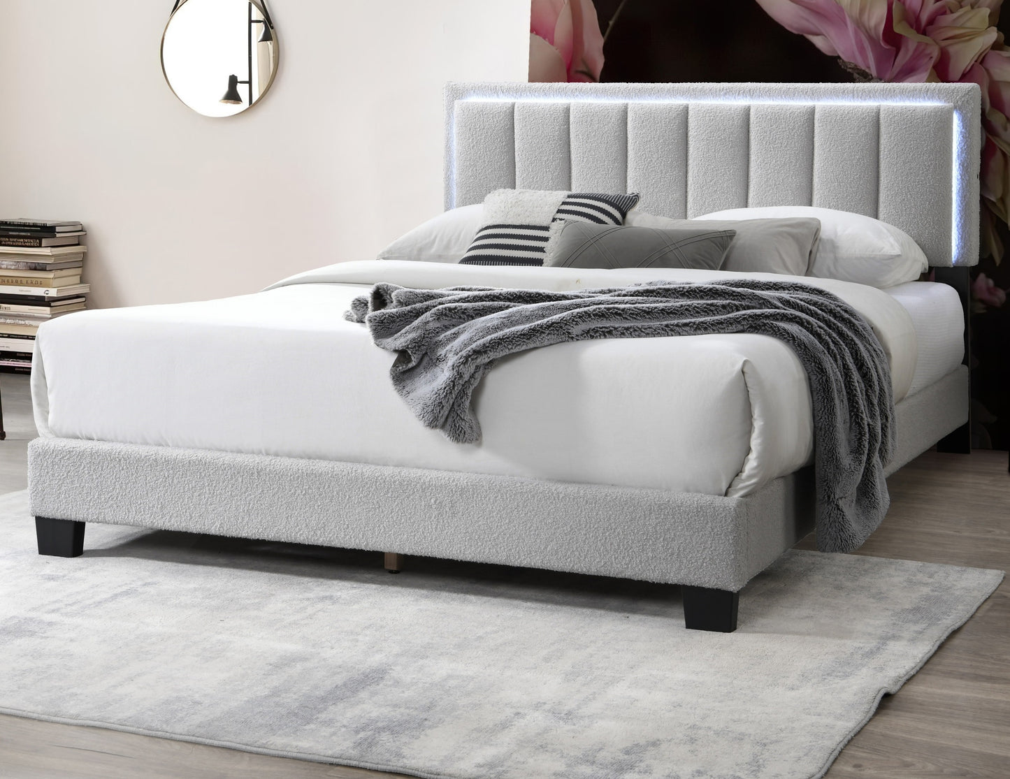 Elegant Light Gray Wool Upholstered Queen Bed with LED Channel Tufted Headboard