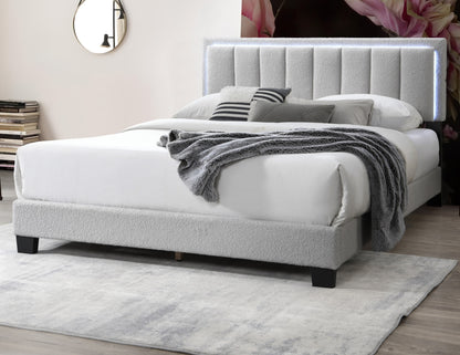 Elegant Light Gray Wool Upholstered Queen Bed with LED Channel Tufted Headboard