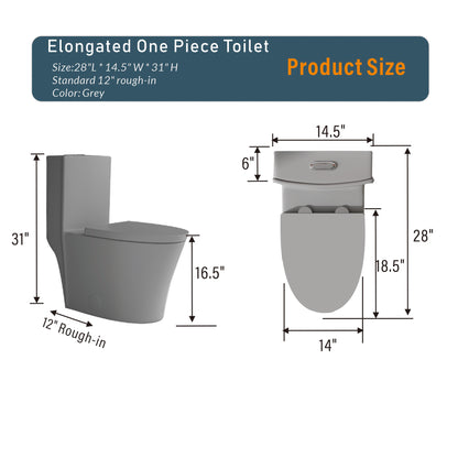 Matte Grey Modern Elongated Toilet with Dual Flush System and Soft-Close Seat