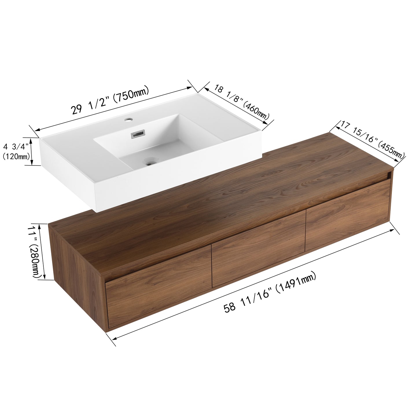 Contemporary 60-Inch Wall-Mounted Bathroom Vanity with Resin Sink and Soft-Close Drawers