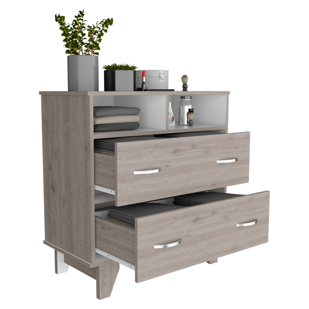 Portanova Modern Light Gray and White Dresser with Two Drawers and Open Shelves