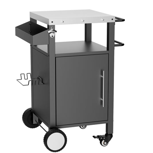 Outdoor Grill Cart With Storage And Hooks Rolling Bar Cart With Spice Rack And Prep Surface Black And Silver