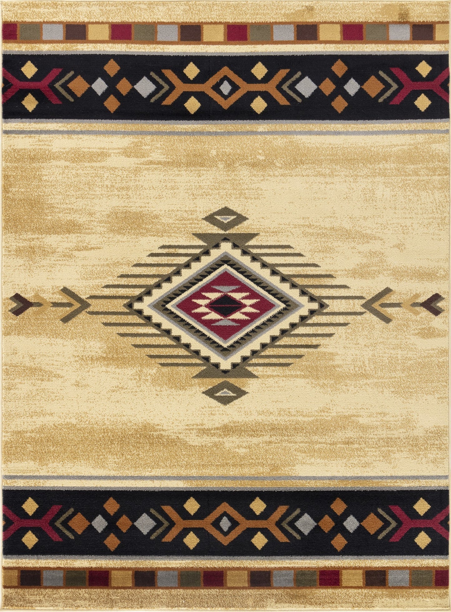 Southwest Area Rug, 5'3" x 7'3", Low-Pile Polypropylene, Jute Backing, Stain-Resistant, Kid Safe, Cream