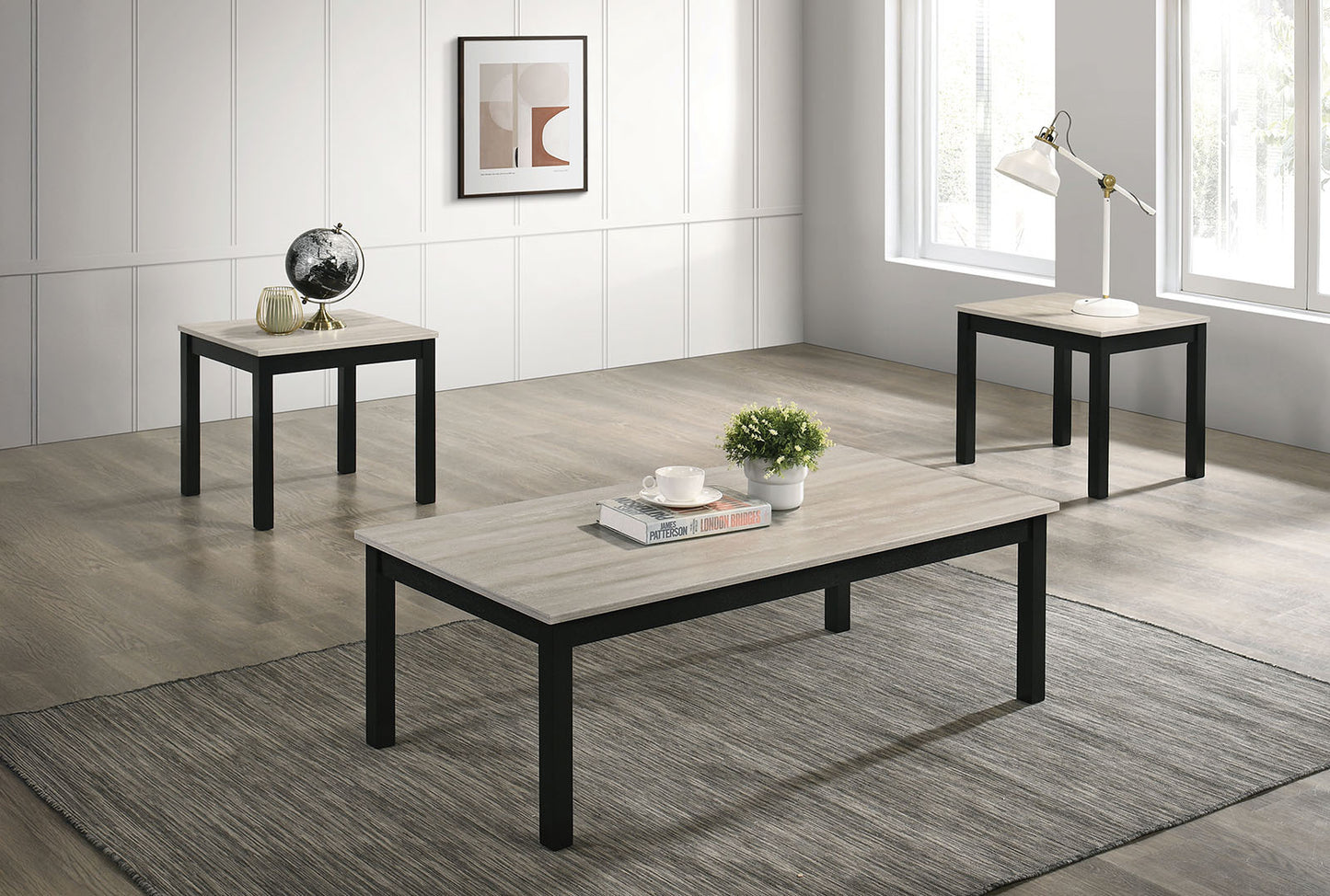 3-Piece Contemporary Coffee Table & End Tables Set, Faux Marble Top, Engineered Wood, Light Gray Finish