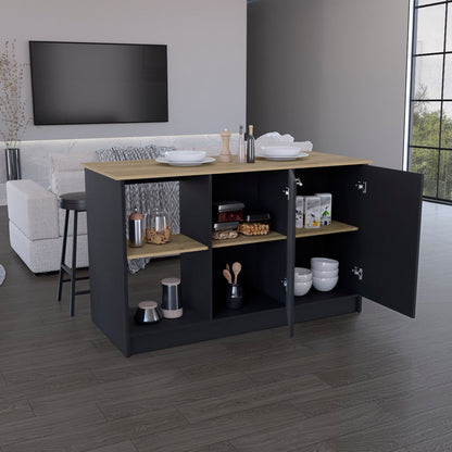 Spacious Black and Macadamia Kitchen Island with Open Shelves and Double Door Storage