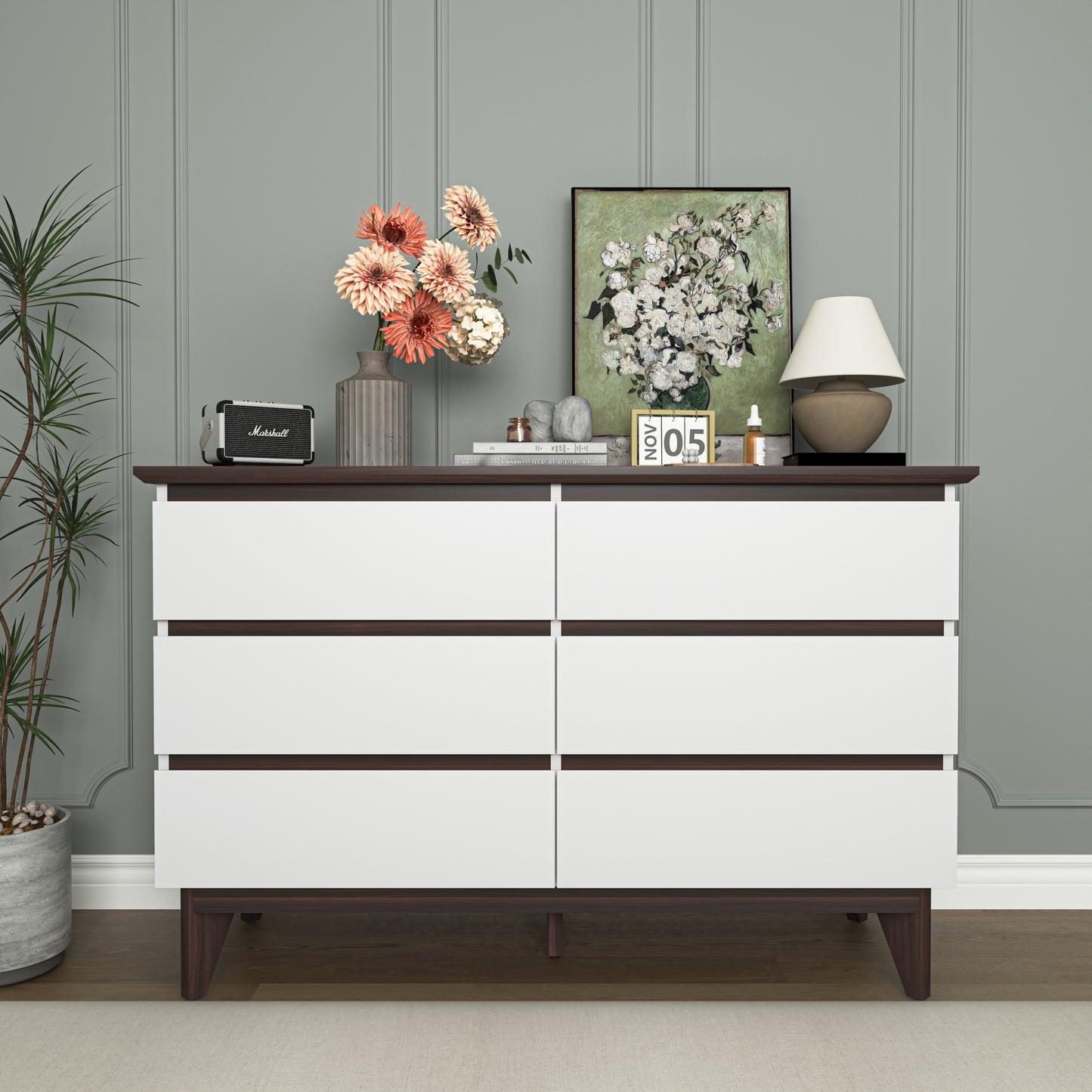 Modern 6-Drawer White Dresser for Bedroom and Living Room, Multi-Functional Storage Chest with Spacious Drawers, 47.2'' W x 15.74'' D x 30.7'' H